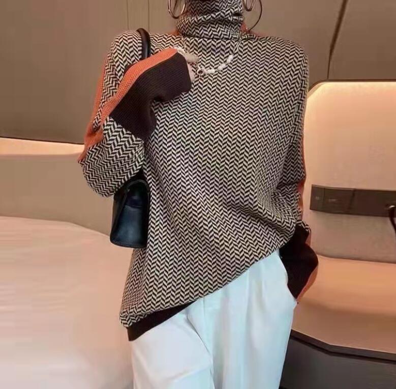 High neck patchwork striped lazy style sweater for women