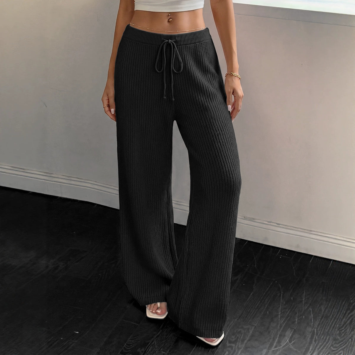 Pants for Women, Woven Drawstring Tie Waist Sweater Pants, Straight Leg Wide Leg Trousers
