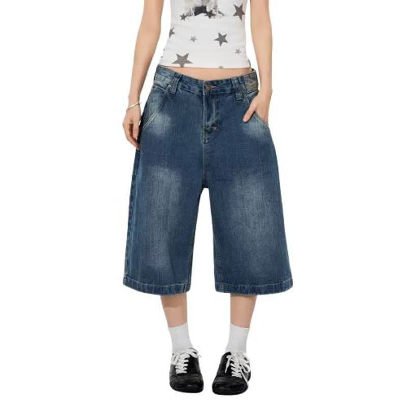 Distressed Denim Capri Pants with Button Closure for Men and Women