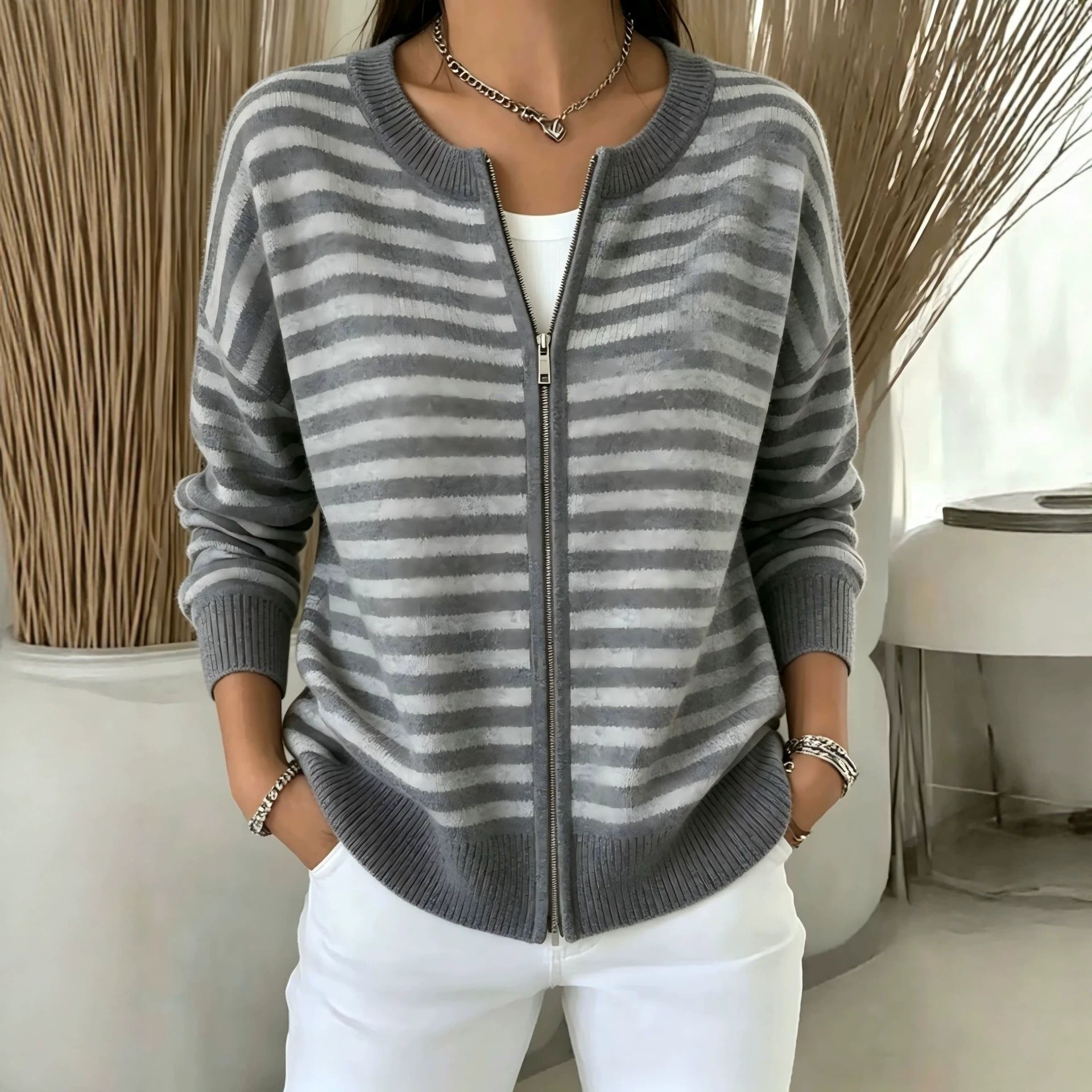 Striped zipper knitted cardigan for women