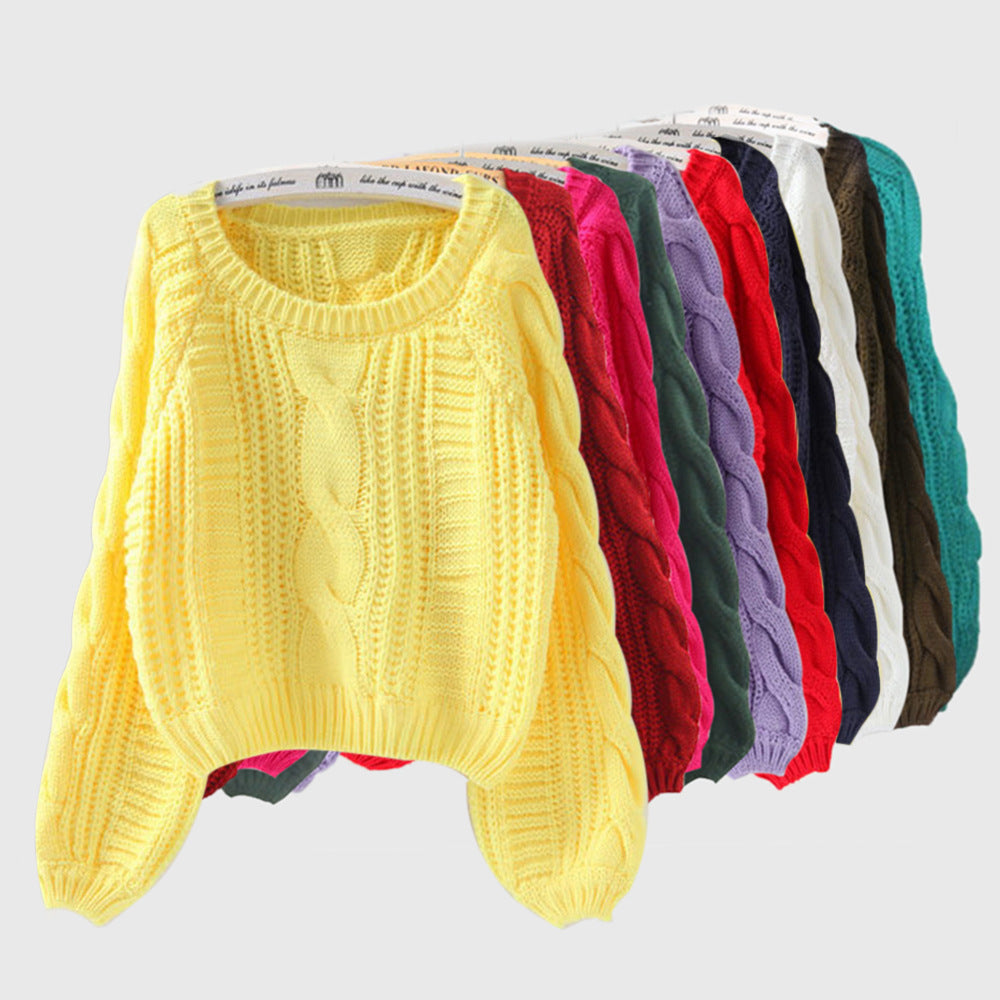 Round neck pullover versatile short Fried Dough Twists sweater for women