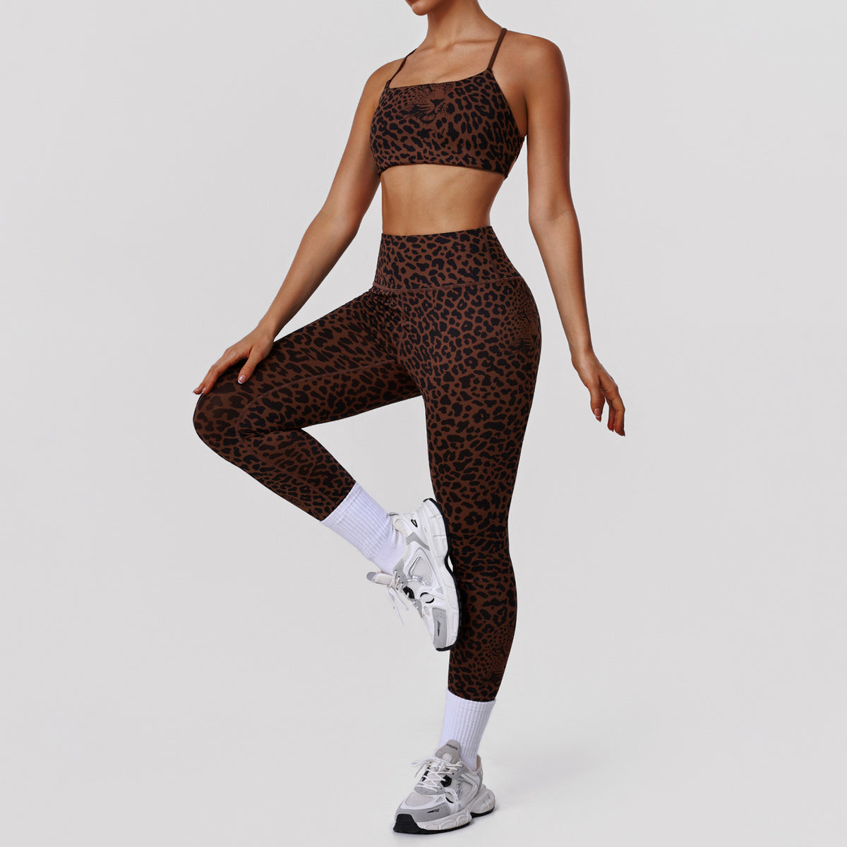 Fashion Leopard Print Bodycon Yoga Set for Women High Waist Butt-Lifting Pants Thin Strap Backless Sports Bra Workout Fitness Set