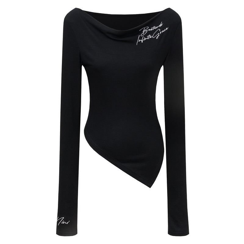 Swing collar long sleeved T-shirt with diagonal cut hem