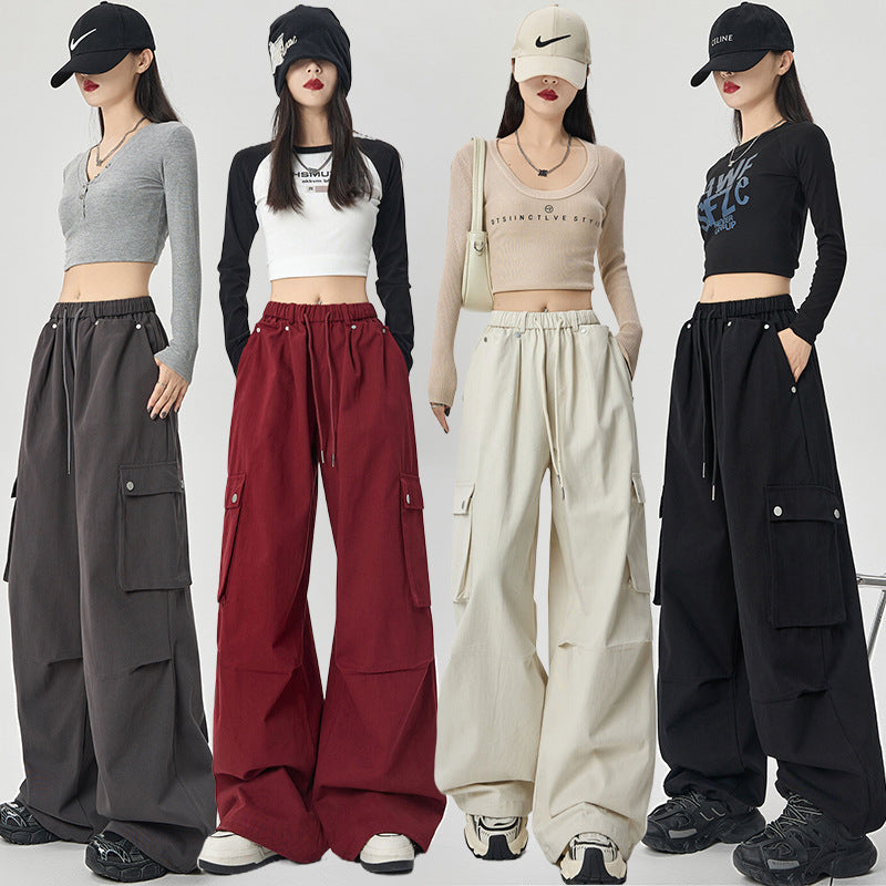 Hiking cargo pants for women, new loose casual wide-leg pants, autumn outdoor washed cotton high-waisted sport pants for women