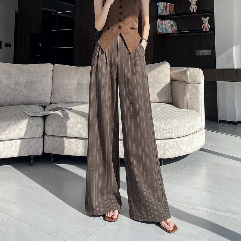 Striped Wide-Leg Pants for Women, Autumn New High-Waisted, Slimming, Versatile, Flowing, Floor-Length, Loose, Casual Suit Pants