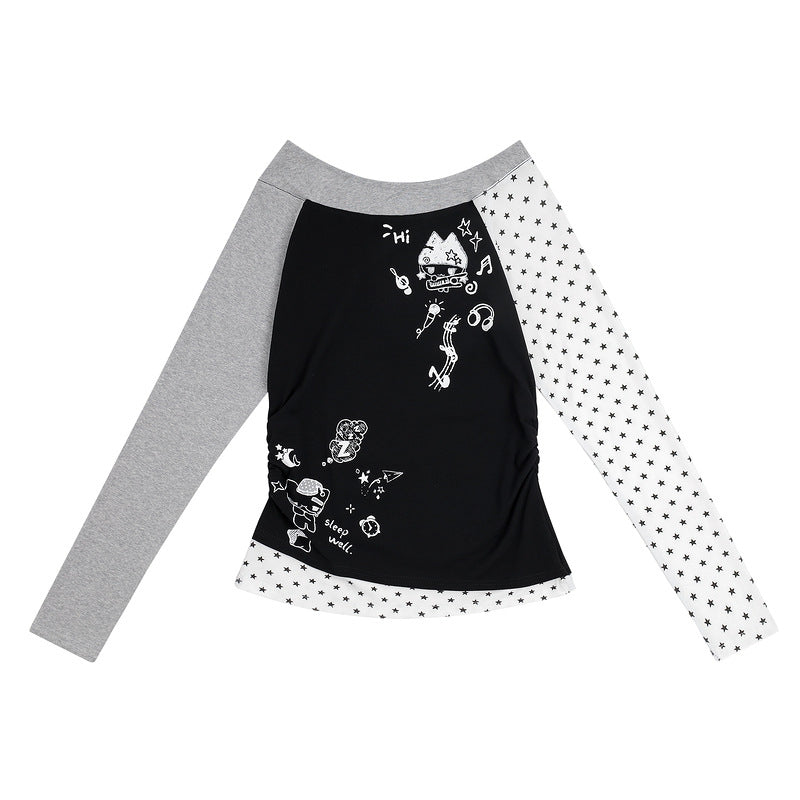 Cartoon kitten note splicing contrasting long sleeved T-shirt for women