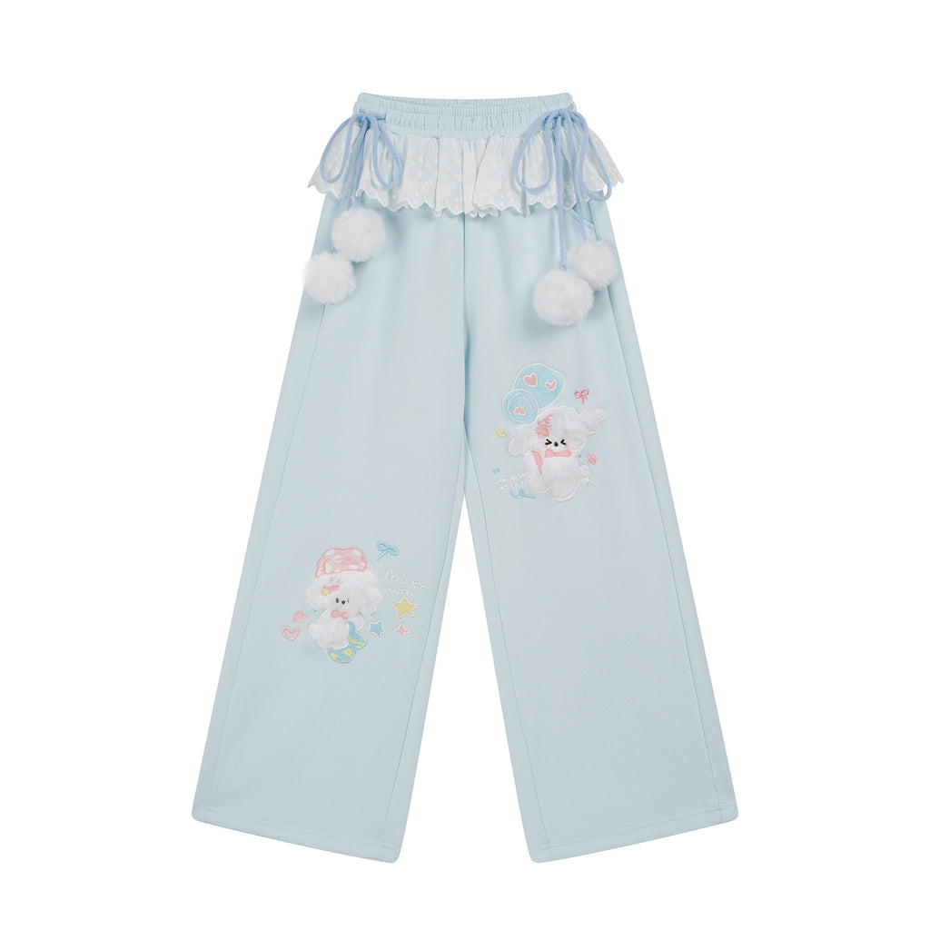 Wide Leg Sweatpants Women Lace Trim Pom-Pom Drawstring High Waist Slimming Long Pants