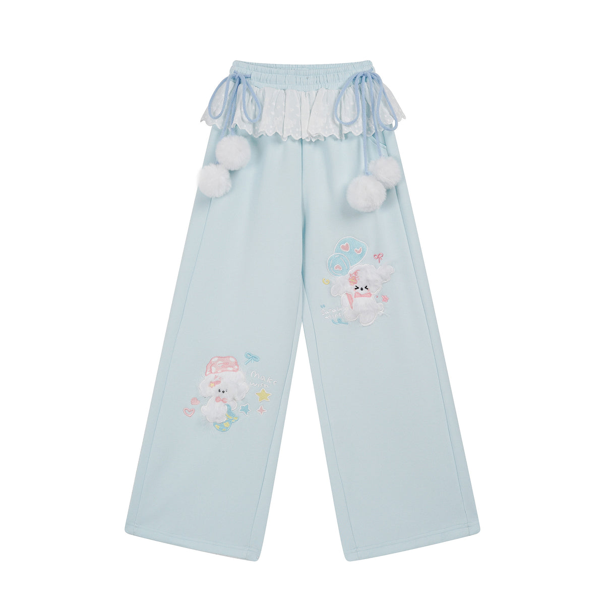 Wide Leg Sweatpants Women Lace Trim Pom-Pom Drawstring High Waist Slimming Long Pants