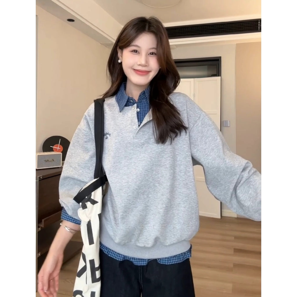 Women's  Casual Gray Long Sleeve Loose Fit Patchwork Spliced Fake Two-Piece Sweatshirt