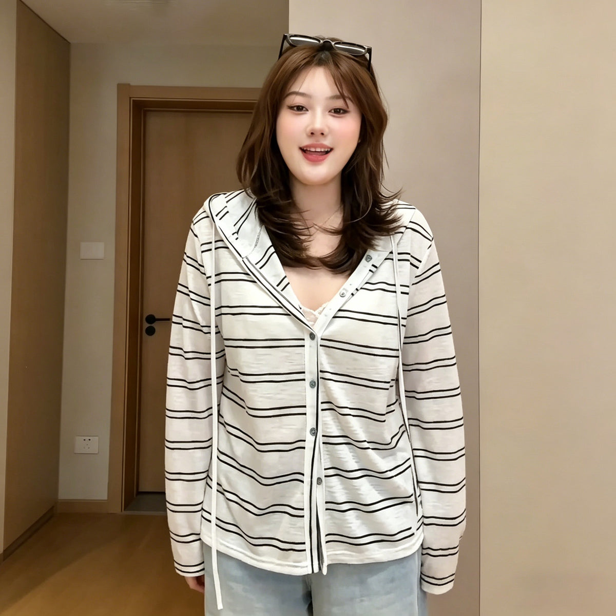 Casual Striped Long Sleeve Hooded Cardigan T-Shirt Lightweight Sun Protection Top