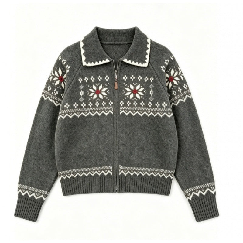 Polo collar zipper loose sweater jacket