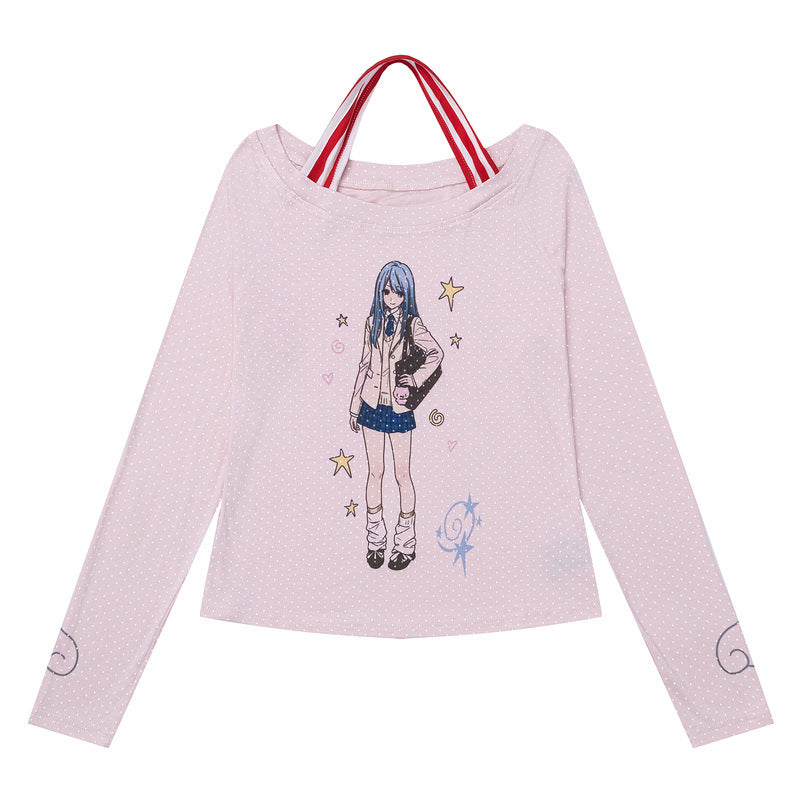 Hanging neck off shoulder long sleeved base T-shirt