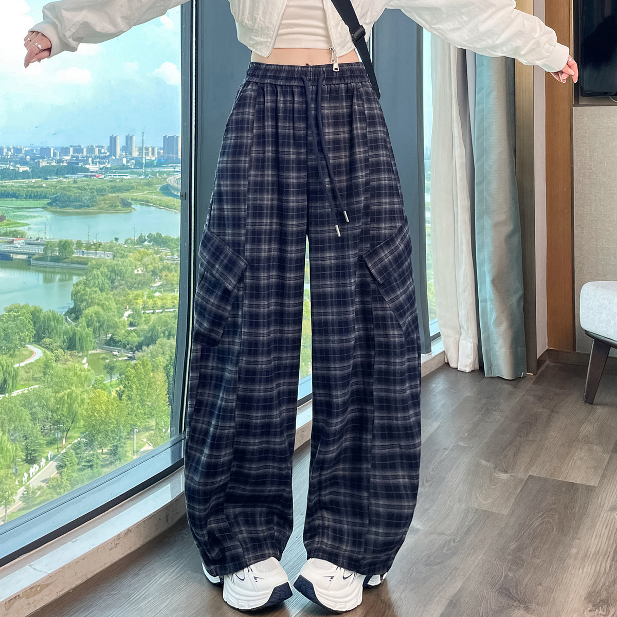 Retro Plaid Wide-Leg Pants for Women, Autumn New Design, High-Waisted, Stylish, Two-Way Wear, Casual Straight Leg Cargo Pants