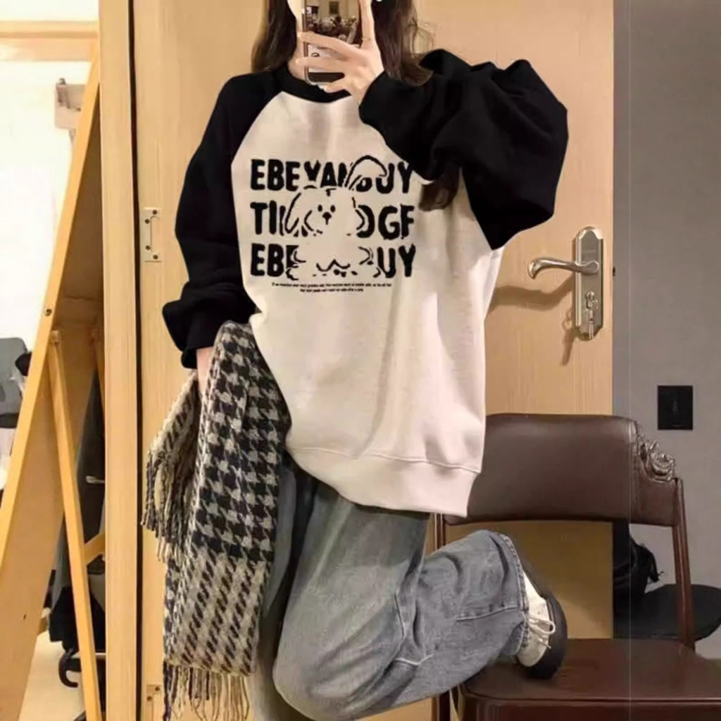 Heavywork Sleeve Lightweight Round Neck Hoodie for Women, Lazy Style Cartoon Print Casual Loose Fit Top for Petite Figures