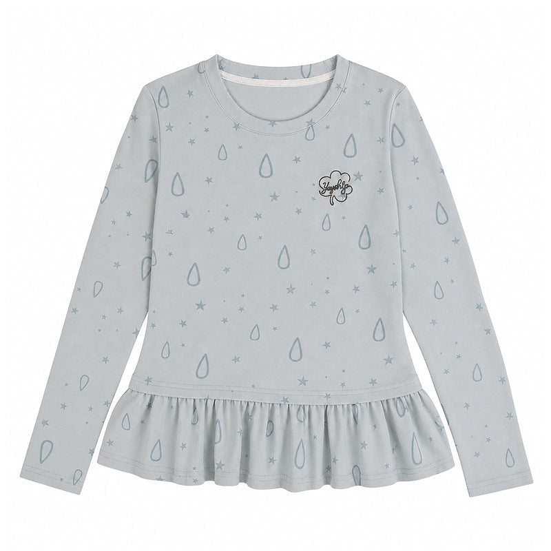 Round neck embroidered waist cinched lotus leaf hem base top