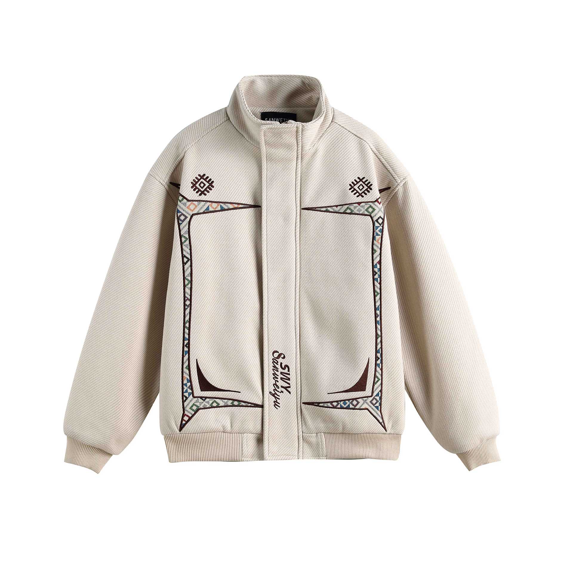 Embroidery Design Button Closure Stand Collar Loose Fit Men's Jacket
