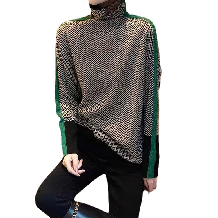 High neck patchwork striped lazy style sweater for women
