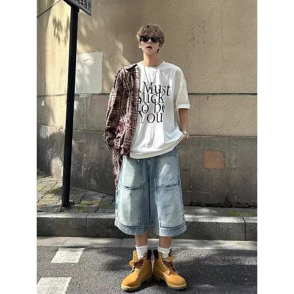Denim Shorts Men High Street Straight Leg Lumberjack Pants