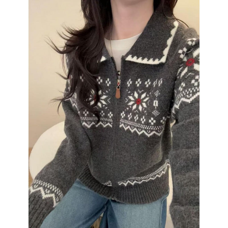Polo collar zipper loose sweater jacket
