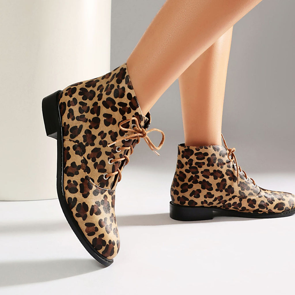 Autumn/winter casual low heel leopard print  extra large size lace-up low-cut Martin boots Made to order, ships in 7 days