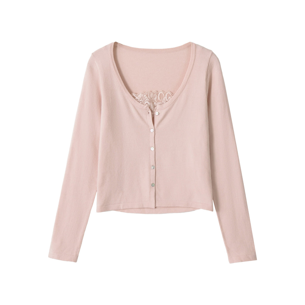 Long sleeved V-neck lace patchwork top