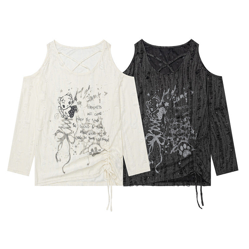 Rice white texture off shoulder long sleeved T-shirt
