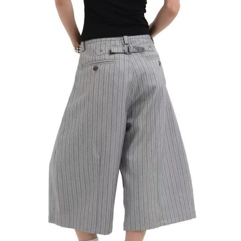 Gray Suit Shorts for Men, Retro Loose Casual Striped Seven-Quarter Pants