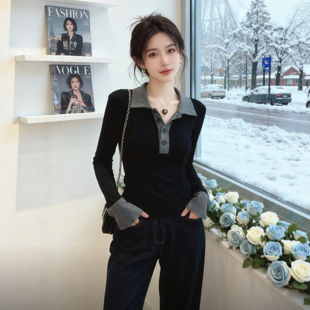 Women's Slim Fit Long Sleeve Polo Collar T-Shirt - Black Grey Rayon Rib Top