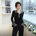 Women's Slim Fit Long Sleeve Polo Collar T-Shirt - Black Grey Rayon Rib Top