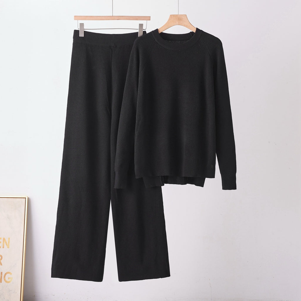 Loose long sleeved round neck wide leg pants two-piece set for women
