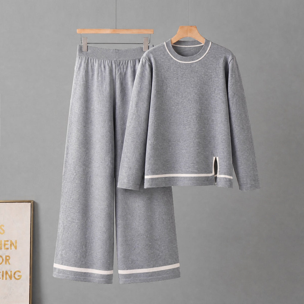 Long sleeved slit wide leg pants two-piece set for women