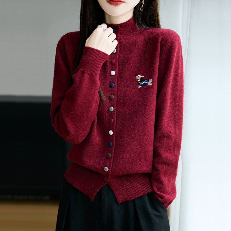 High Neck Colorful Button Loose Cardigan Sweater for Women Open Front Sweater