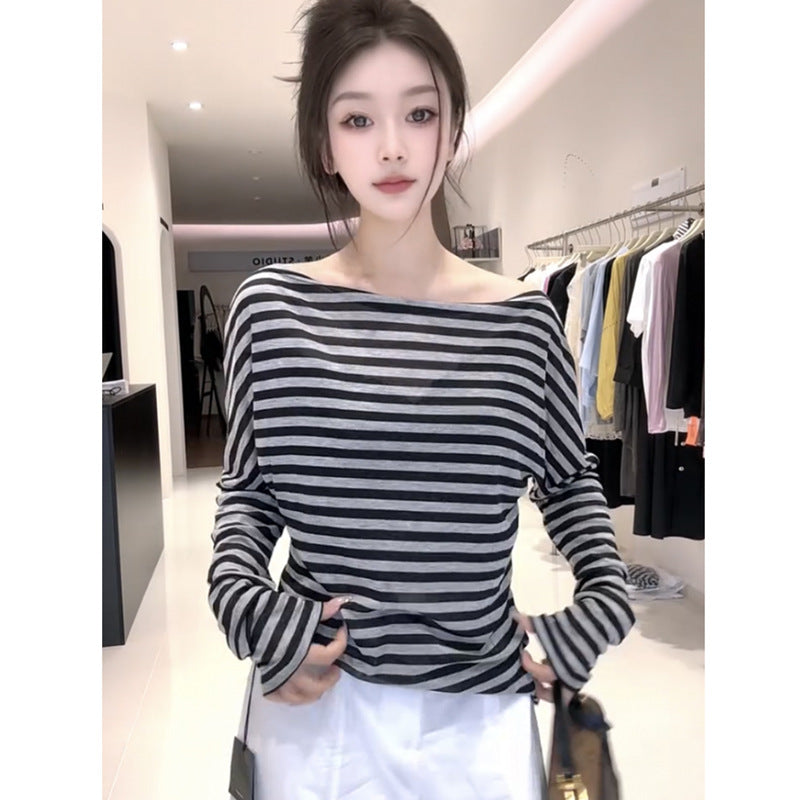 Women's Striped Off-Shoulder Long Sleeve Top - Loose Fit Premium Casual Tee for Early Autumn