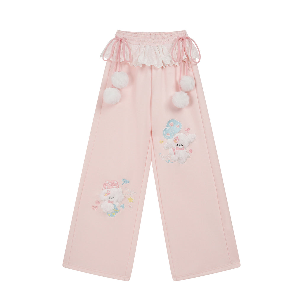 Wide Leg Sweatpants Women Lace Trim Pom-Pom Drawstring High Waist Slimming Long Pants