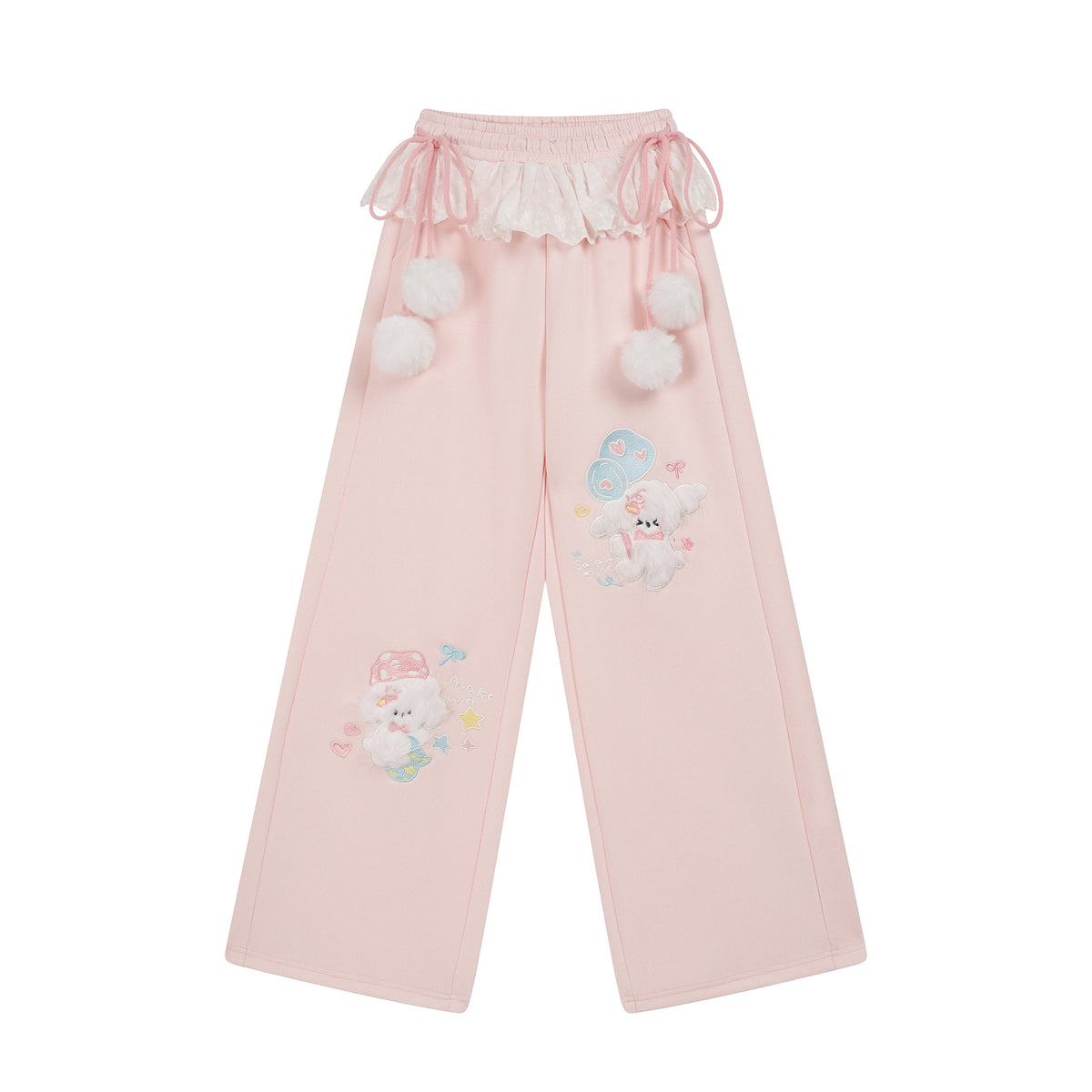 Wide Leg Sweatpants Women Lace Trim Pom-Pom Drawstring High Waist Slimming Long Pants