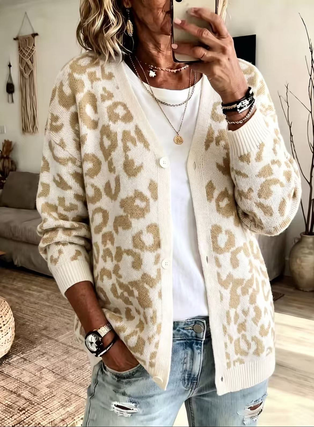 Loose leopard print knit cardigan jacket