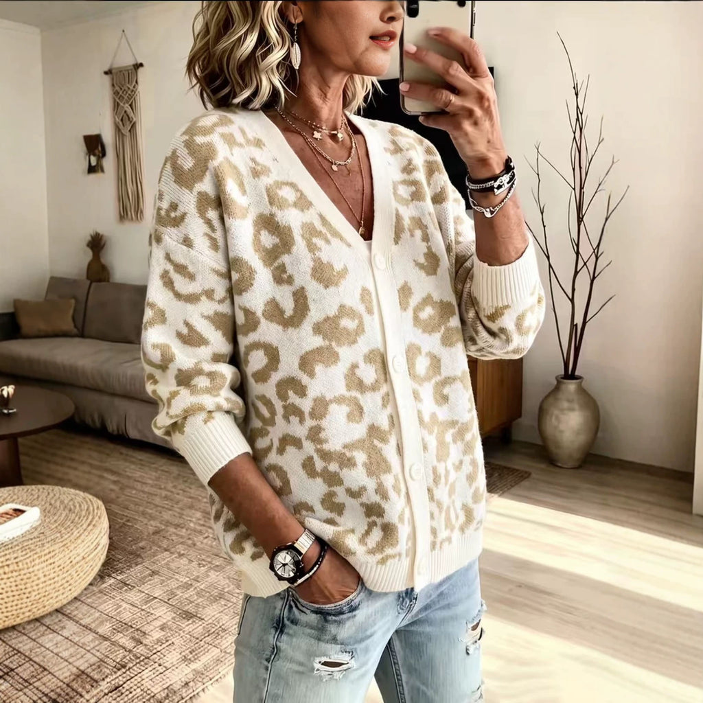 Loose leopard print knit cardigan jacket