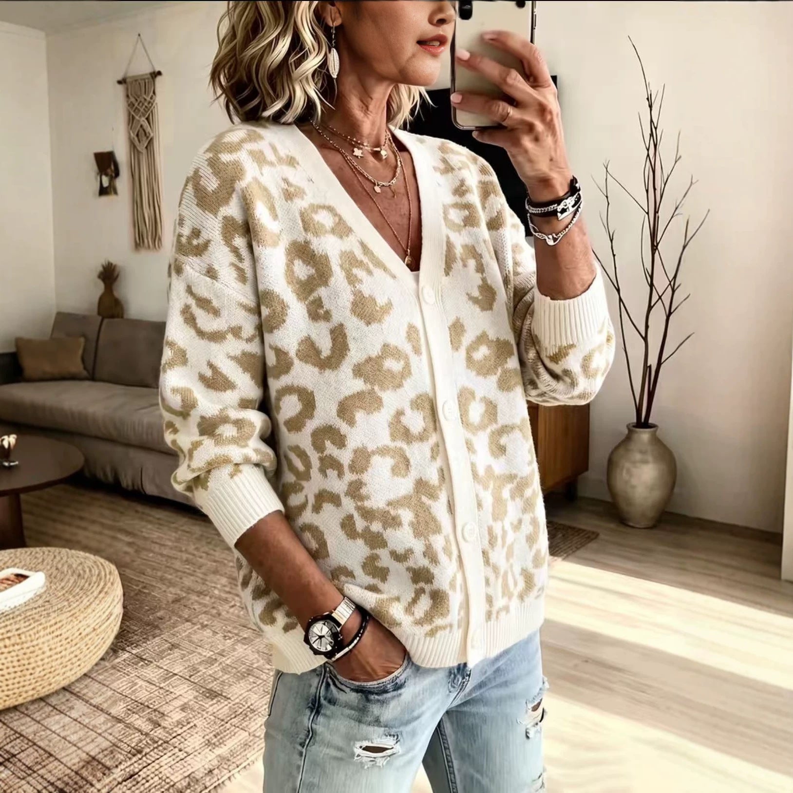 Loose leopard print knit cardigan jacket