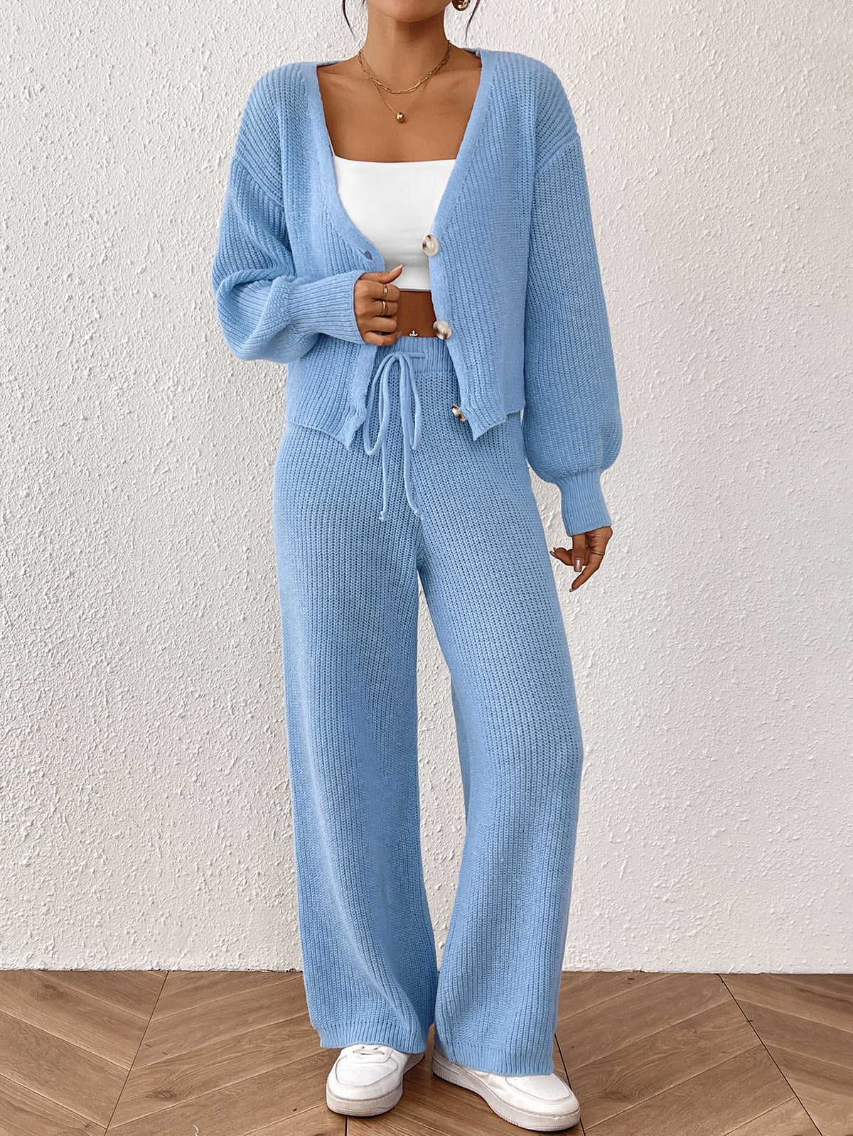 Women's Pure Color Elegant Two-Piece Set Short Top Loose Cardigan Straight Leg Drawstring Pants
