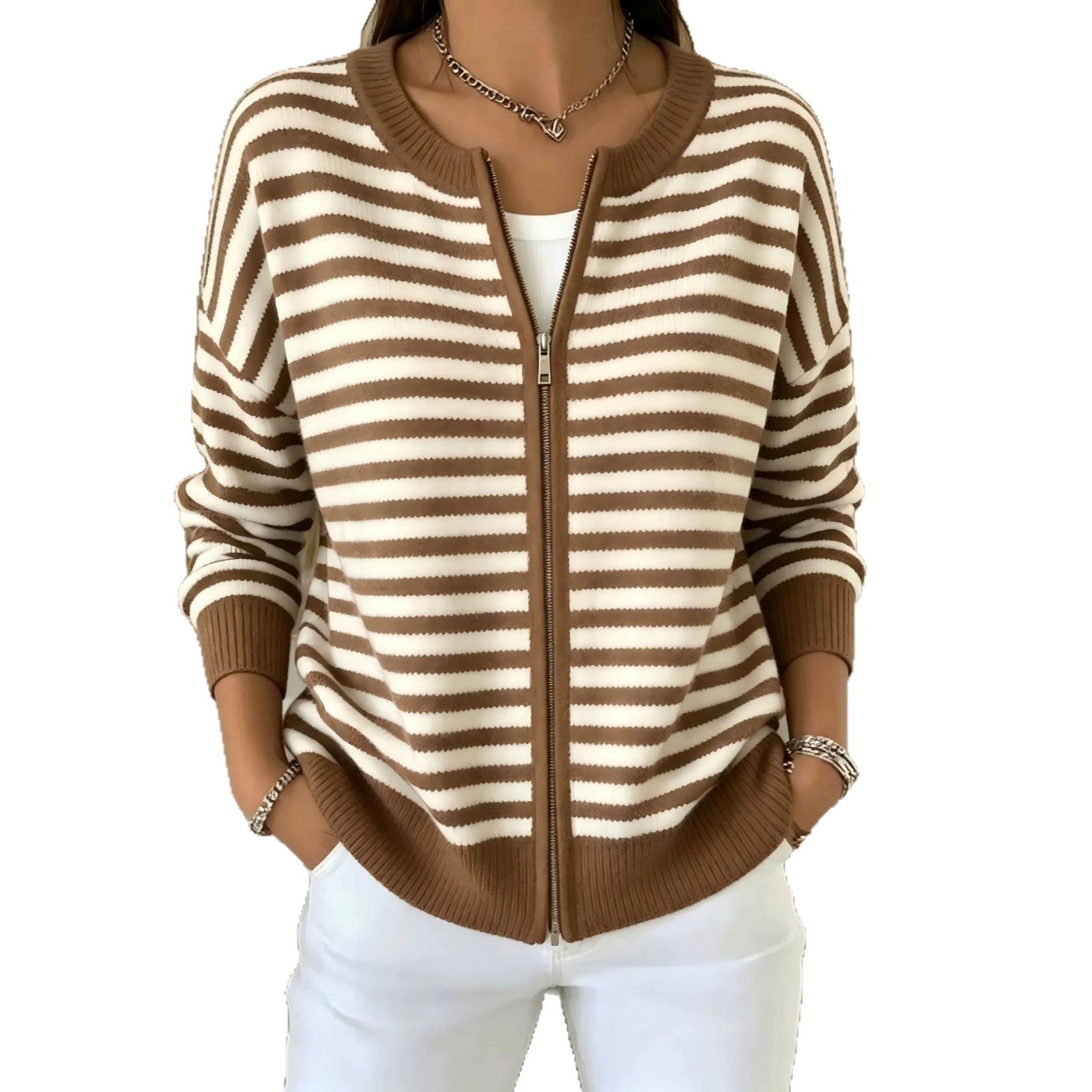 Striped zipper knitted cardigan for women