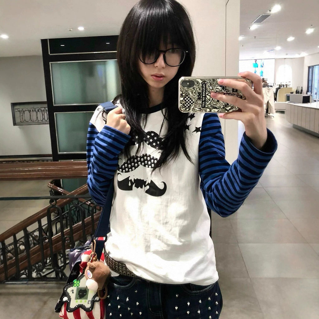 Color-block Stripes Mustache Stars Long Sleeve Women's T-Shirt