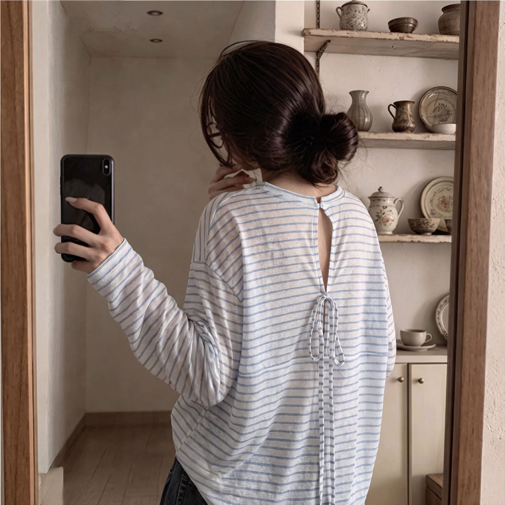 Women's Long Sleeve Striped T-Shirt Loose Fit Hollow Out Lace Up Lightweight Sun Protection Cover Up Top