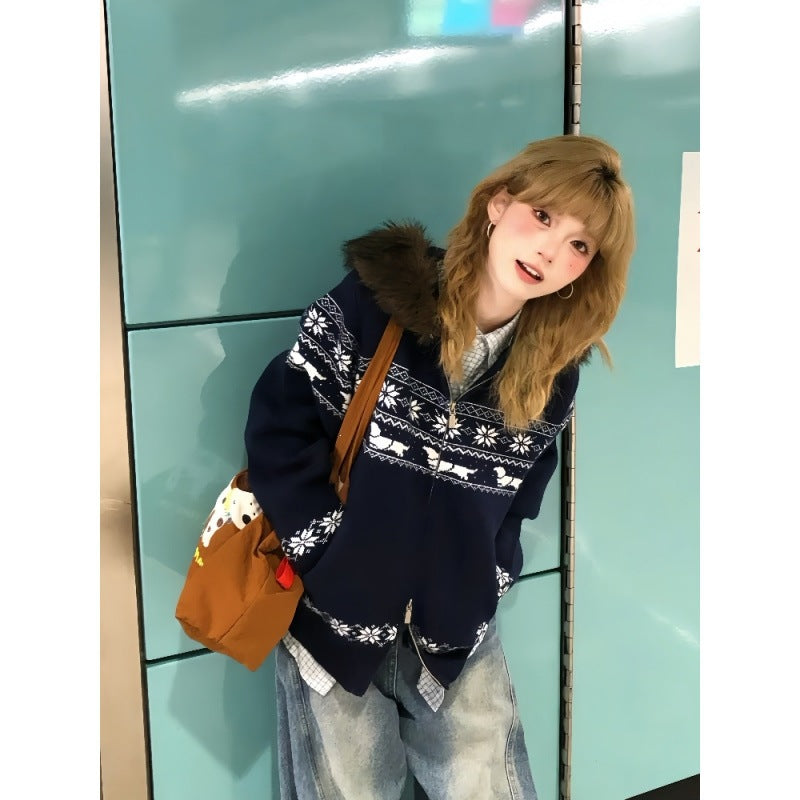 Fel Island fur collar hooded sweater jacket for women