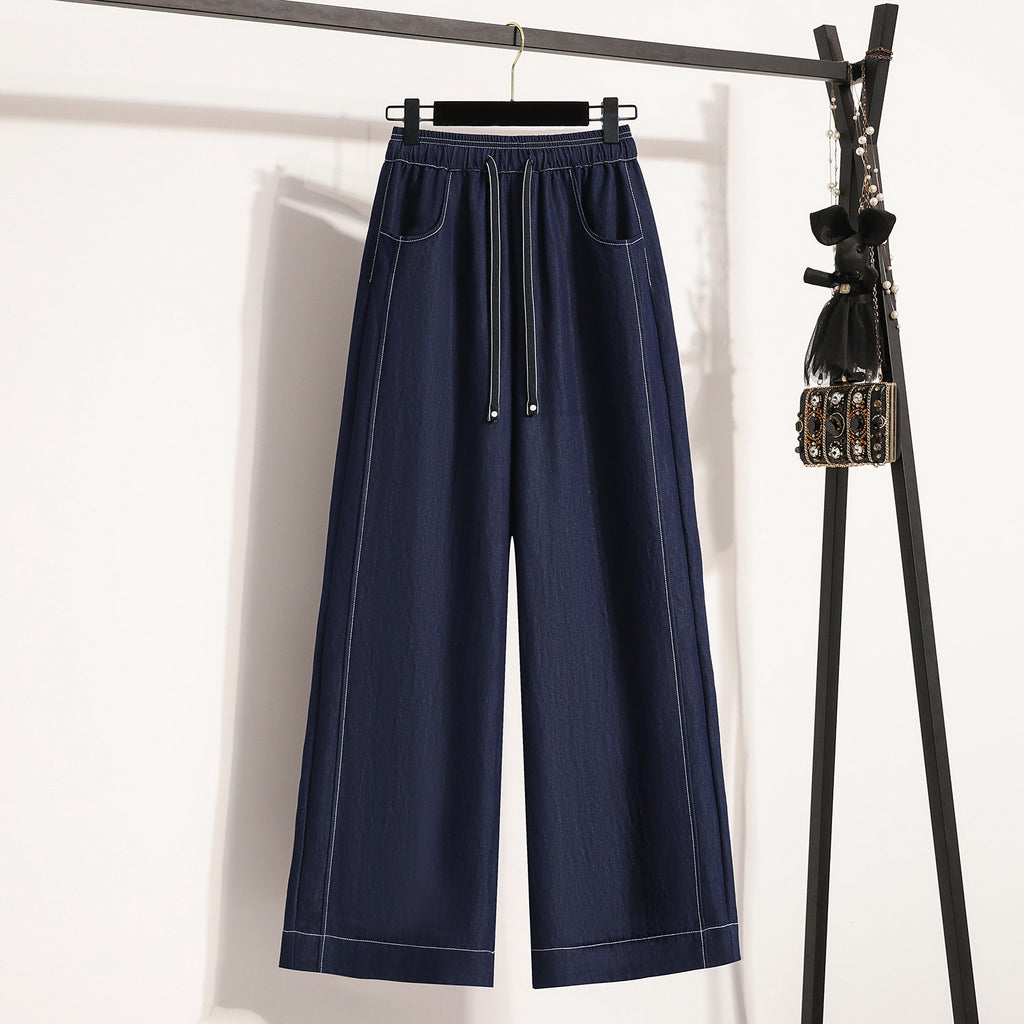 Linen-like Rayon Wide Leg Pants for Women, High Waist, Straight Leg, Color-Blocked Topstitching, Flowy and Lightweight Tencel Trousers