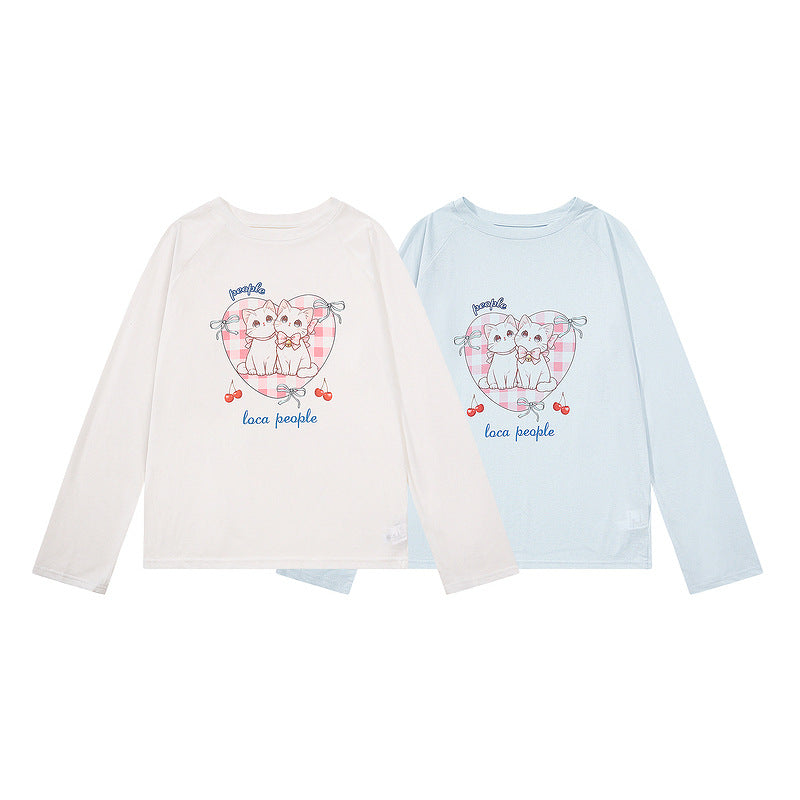 Light blue raglan butterfly bow cherry women's T-shirt