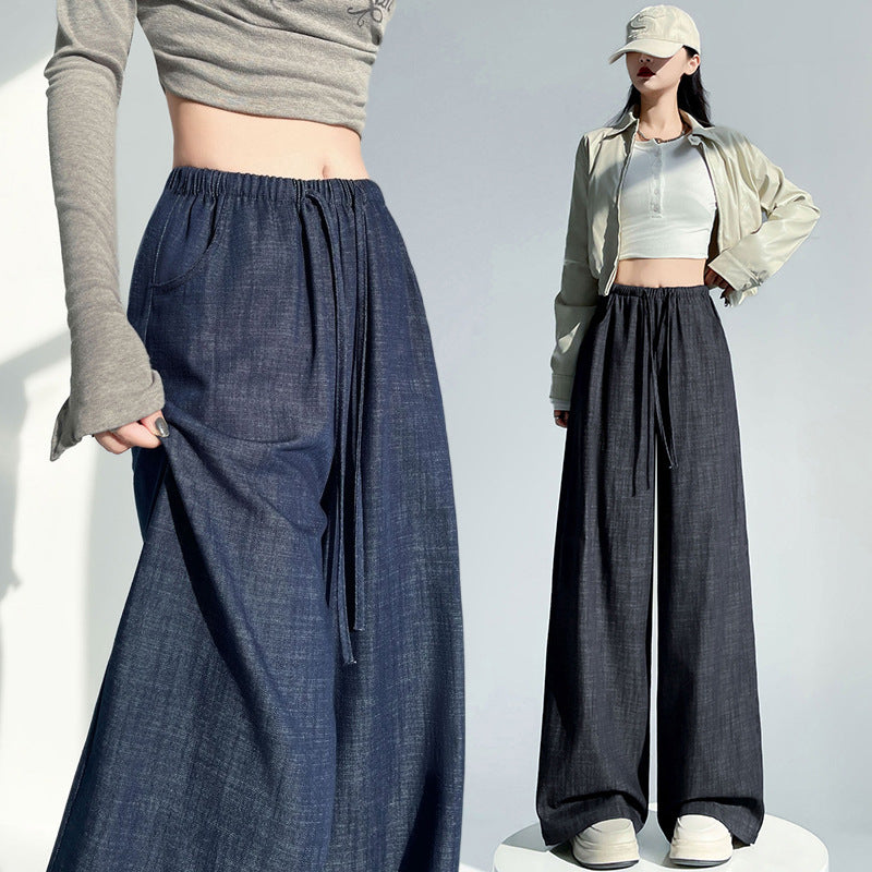 Jeans Wide Leg Pants Women Drawstring Elastic Waist Slimming Loose Floor-Length Relaxed Wide Leg Casual Pants