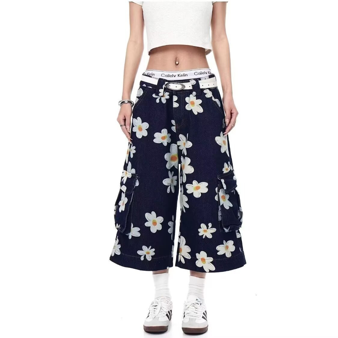 Daisy Print Denim Pants Men Women Loose Seven-Eighth Pants
