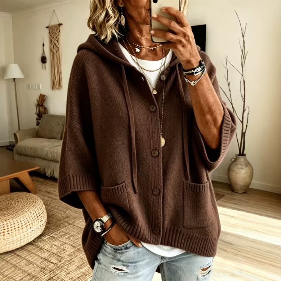 Hooded sweater cardigan solid color casual jacket for women