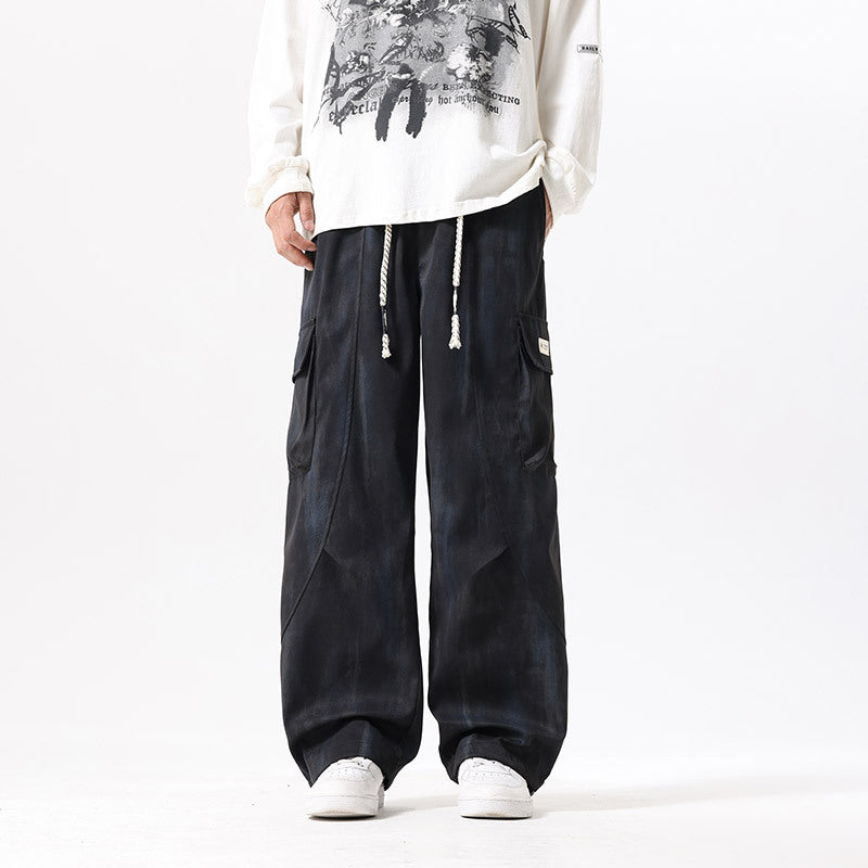 Vintage Distressed Dirty Gray Tie-Dye Casual Wide-Leg Loose Fashion Plus-Size Versatile Multi-Pocket Drawstring Pants Men's Clothing