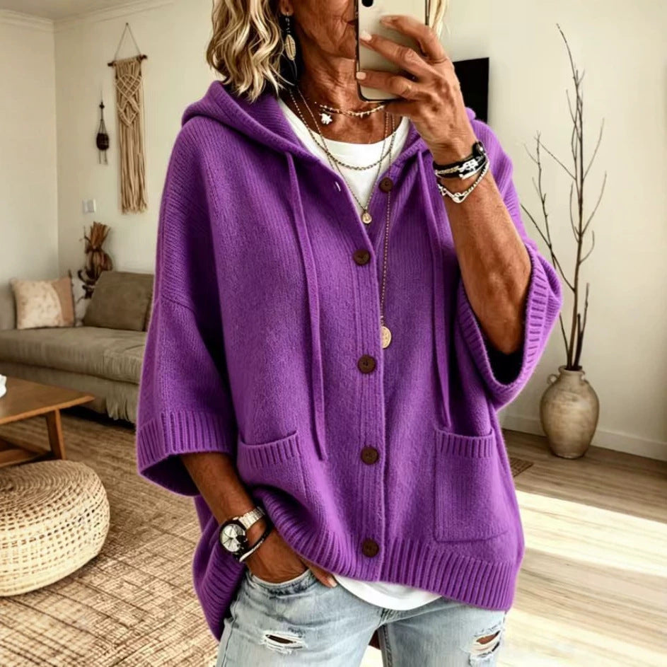 Hooded sweater cardigan solid color casual jacket for women